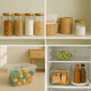 Glass jars and fridge organisers for home storage solutions.