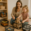 Mother and child organizing toys and snacks with mesh baskets for home organisation.