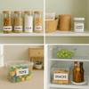 Pantry storage with labeled jars, toys bin, and fridge organizers for home organization.