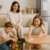 Family organizing a living room with home storage solutions.