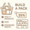 Illustration of Build Your Own Pantry Pack & Save 25% offer with jars and organisers, promoting home organisation and pantry storage in Australia.
