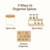 Spice storage ideas using jars, racks, and drawers for efficient home organisation and pantry storage.