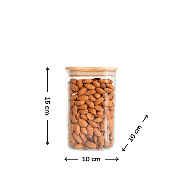 Square bamboo glass storage jar filled with almonds, ideal for pantry organization.