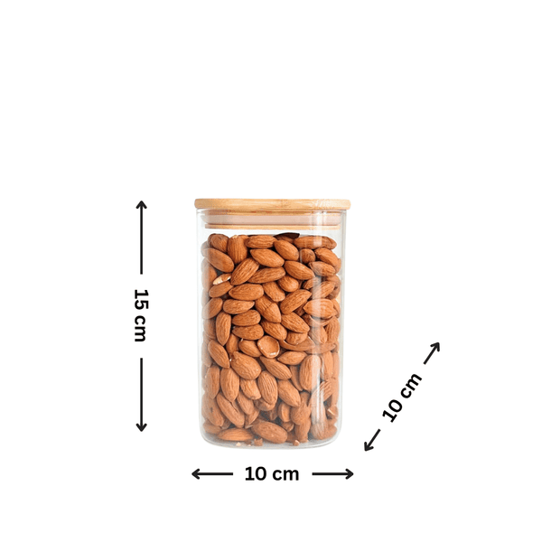 Square Bamboo Pantry Jars – 12-Pack Glass Storage Set filled with almonds, ideal for pantry organisation and kitchen storage.