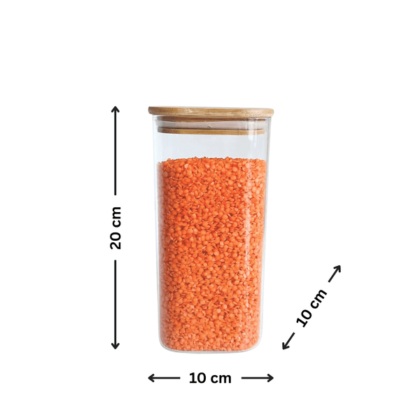 Square bamboo glass storage jar with lentils, ideal pantry organizer, 20x10 cm