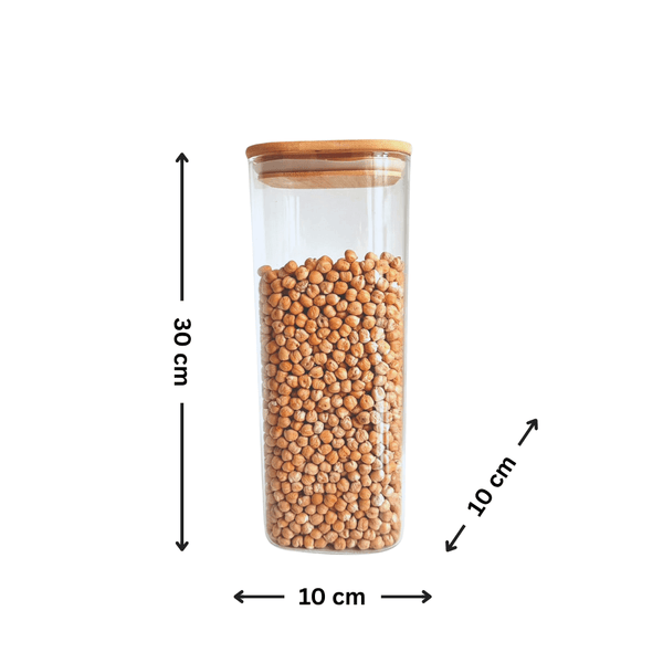 Tall square bamboo glass pantry jar for kitchen storage, 30cm height, 10cm width.