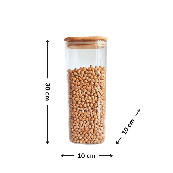Square Bamboo Pantry Jars – 12-Pack Glass Storage Set showcasing a single tall jar filled with dry chickpeas, ideal for kitchen organisation.