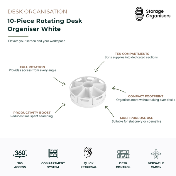 White 10-piece rotating desk organiser with 360-degree swivel base and multiple storage compartments for stationery, office supplies and cosmetics. Circular desktop organiser provides quick access from every angle while keeping pens, markers, scissors, makeup brushes and small accessories neatly sorted. Compact space-saving design features ten dedicated compartments to improve organisation, reduce clutter and increase productivity in home offices, study areas, workstations and vanity tables.