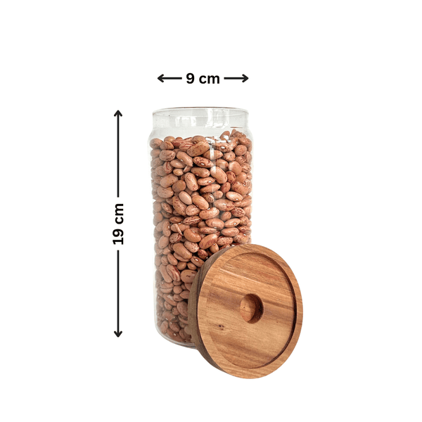 Round glass storage jar with acacia lid, filled with beans, ideal for kitchen or pantry organisation, 19cm x 9cm dimensions.