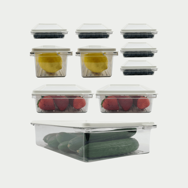 10 piece fridge and freezer storage set with clear pantry jars for space-saving.