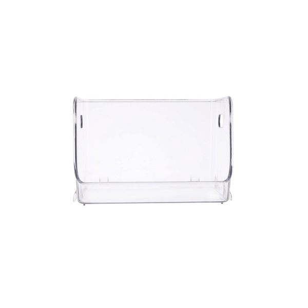 Clear stackable storage organizer for pantry, fridge, or kitchen. Space-saving container.