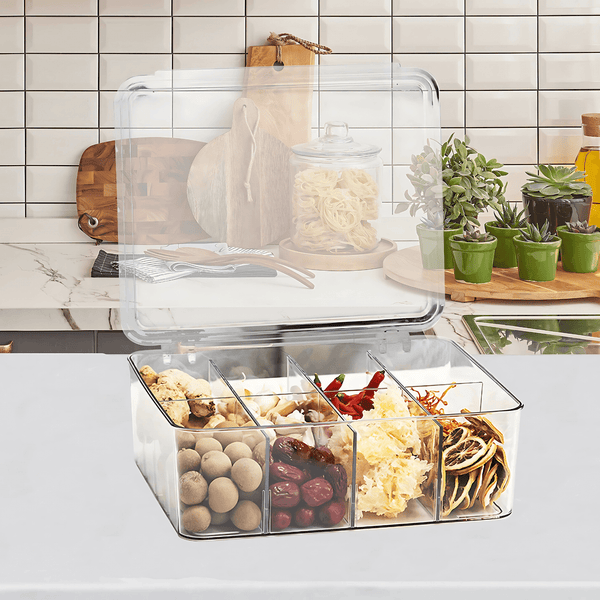 Transparent multi-use storage box with removable dividers in a kitchen, organizing pantry items.