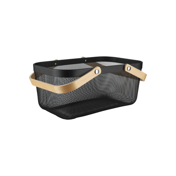 Large black mesh storage basket with wooden handles for kitchen or laundry organization.