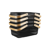 Large black storage basket with wooden handle, ideal for kitchen or pantry organization.