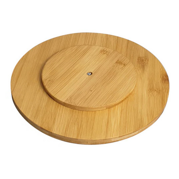 Bamboo rotating turntable for kitchen storage, perfect for pantry organisation and stylish home solutions. Space-saving storage option.