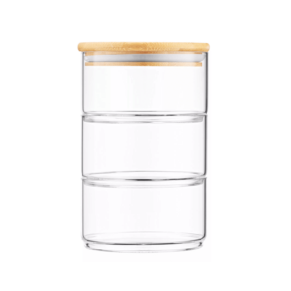 Stackable 450ml round bamboo glass jar, perfect for stylish kitchen, pantry, or bathroom storage and organization.