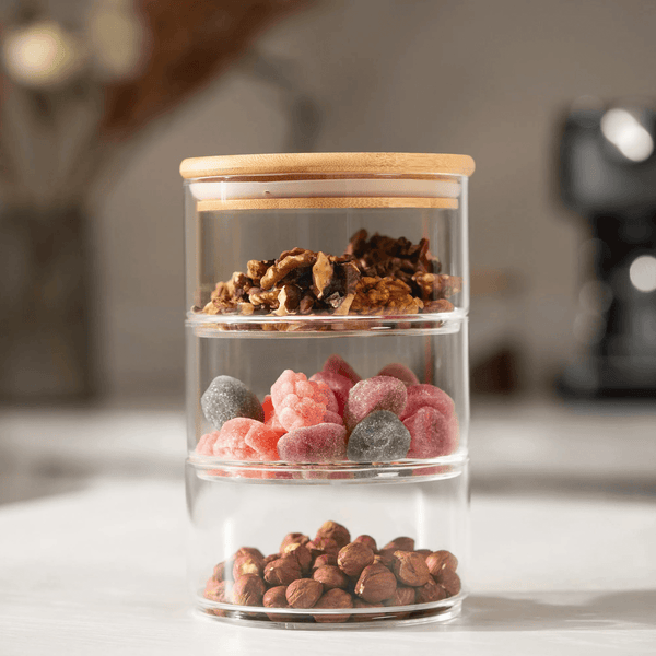 Stackable round bamboo glass jar 450ml for kitchen storage, featuring layered design for pantry and fridge organisation.