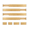 Bamboo expandable drawer dividers for stylish kitchen, pantry, and bathroom organisation, ideal for space-saving home storage solutions