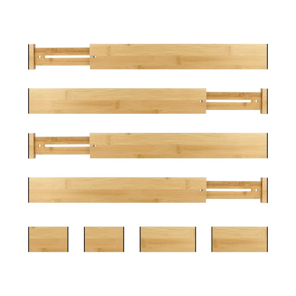 Bamboo expandable drawer dividers for stylish kitchen, pantry, and bathroom organisation, ideal for space-saving home storage solutions