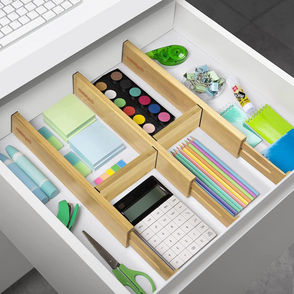 Bamboo Expandable Drawer Dividers – 4 Pack used as drawer organisers for efficient office storage. Ideal for kitchen and pantry organisation.