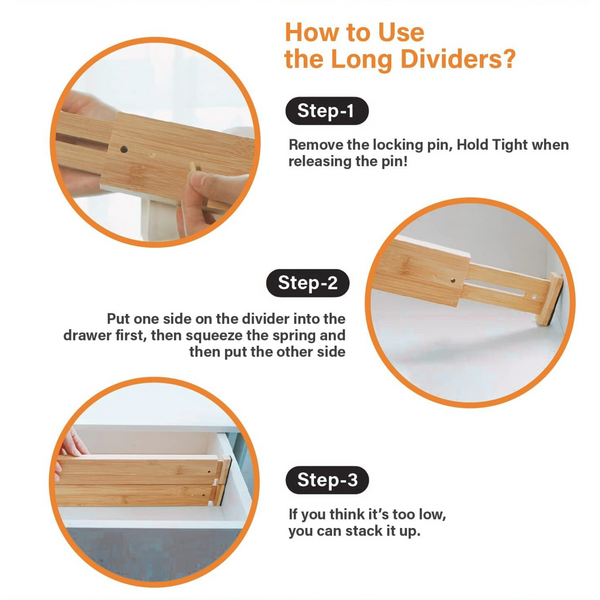 Instructions for using bamboo expandable drawer dividers showing step-by-step guide for locking and adjusting dividers in drawers.