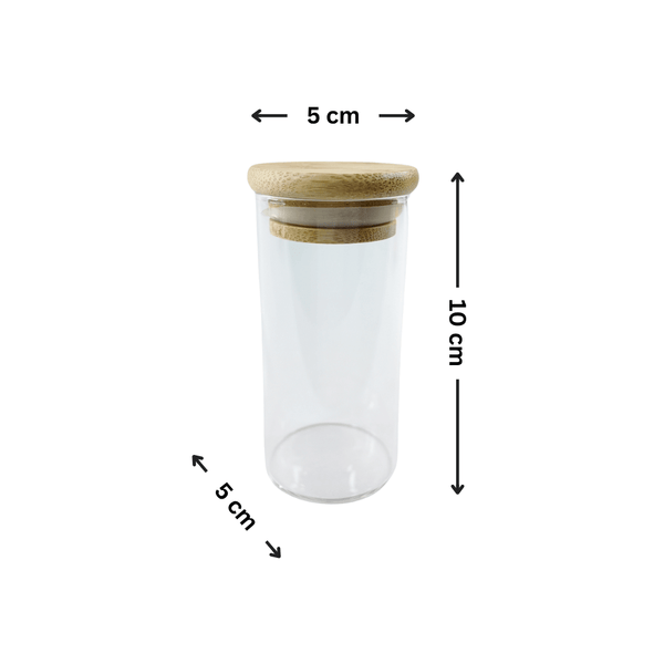 Glass pantry jar with bamboo lid, 10cm tall, ideal storage organiser for spices.