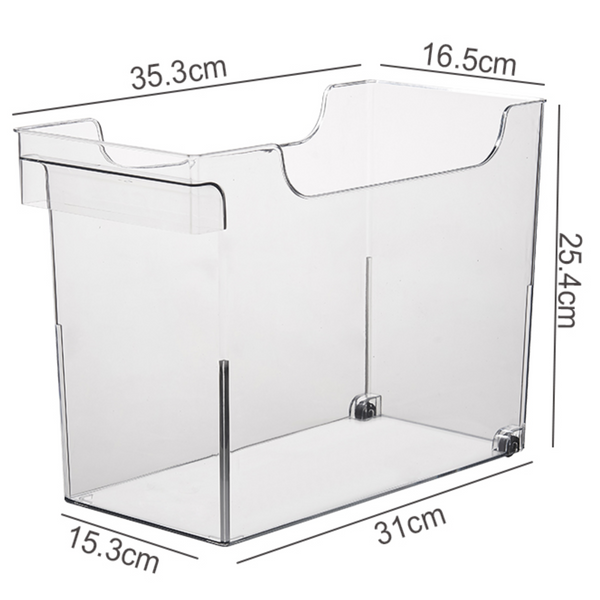 Clear Pull-Out Organiser – Wide for kitchen cupboards, optimised for pantry and under sink storage, enhances drawer organisation.