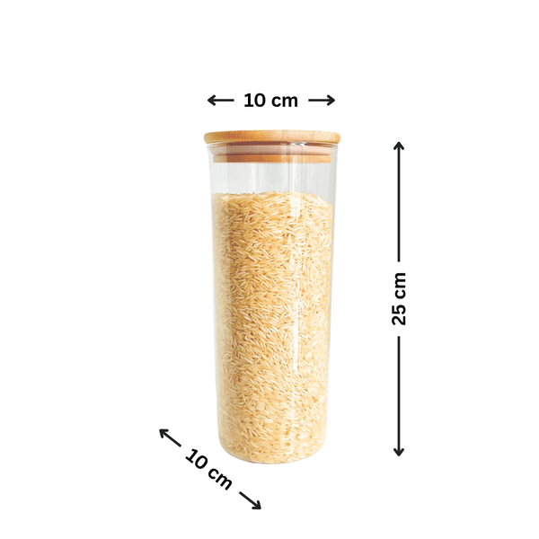 Glass pantry jar with wooden lid, 10x25cm, ideal for space-saving kitchen storage.