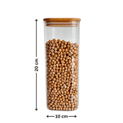 Square Bamboo Glass Pantry Jar Set – 5 Stackable Sizes with bamboo lid for kitchen organisation, filled with chickpeas