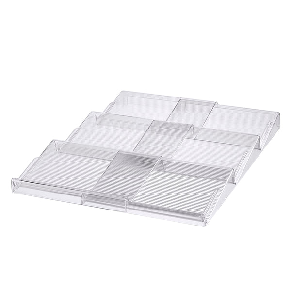 Expandable In-Drawer Spice Rack made of clear plastic, ideal for kitchen and pantry organisation. Maximises drawer space efficiently.