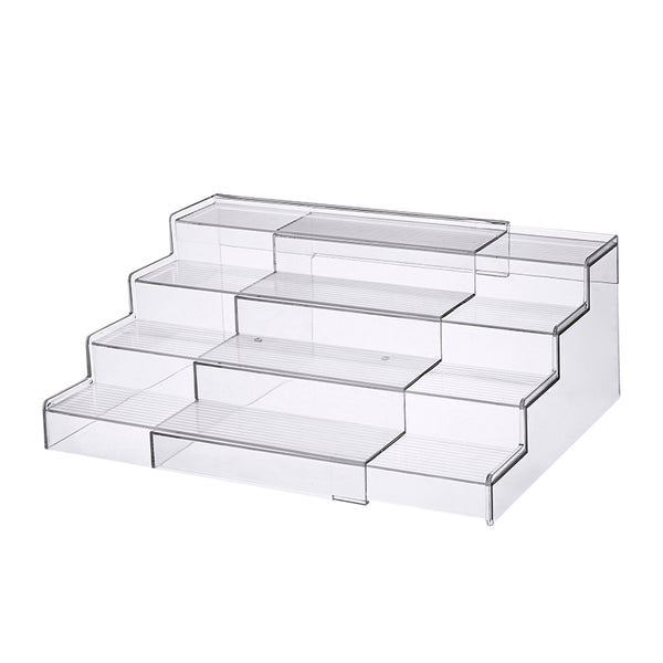 Expandable 4-Tier Clear Spice Rack Organiser for pantry storage, suitable for bamboo jars, fridge tubs, bathroom organisers.