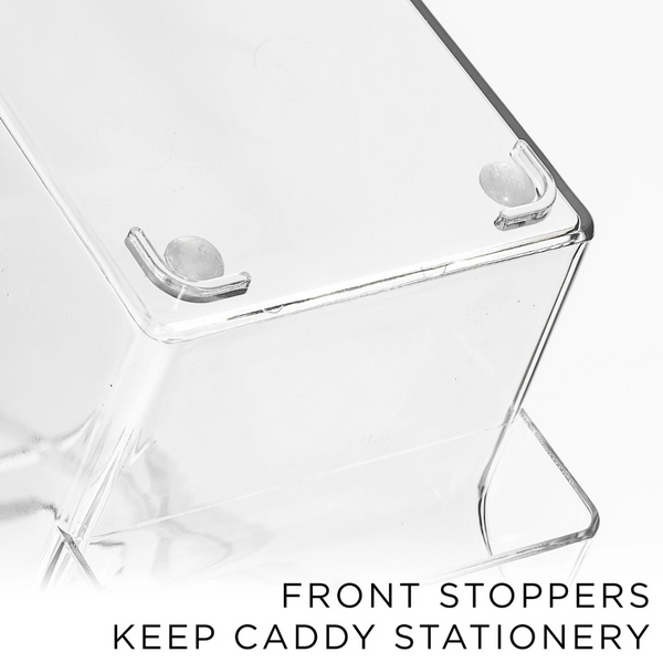 Clear pull-out organiser with front stoppers for stable storage in kitchen or bathroom, perfect for home organisation and space-saving solutions.