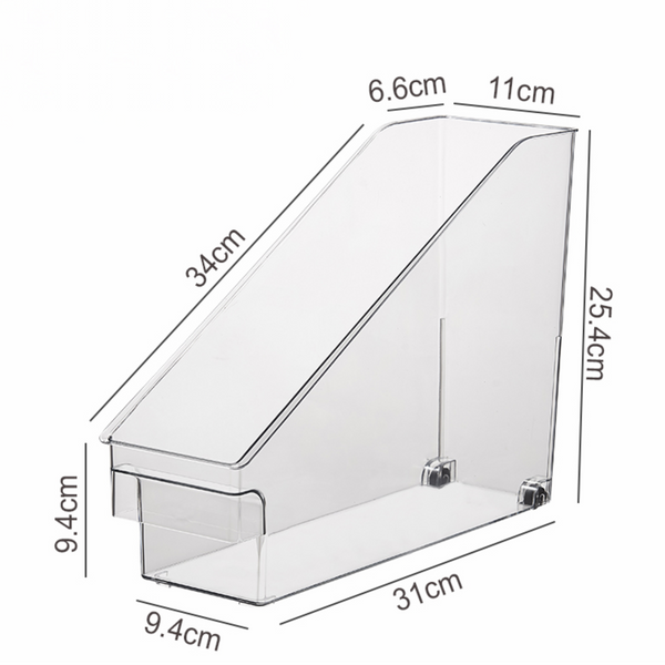 Clear Pull-Out Organiser with dimensions shown, ideal for deep shelves in kitchen or pantry, enhances storage organisation.