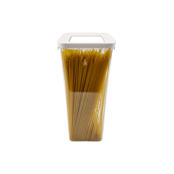 White airtight container with transparent lid holding spaghetti, ideal for pantry storage.