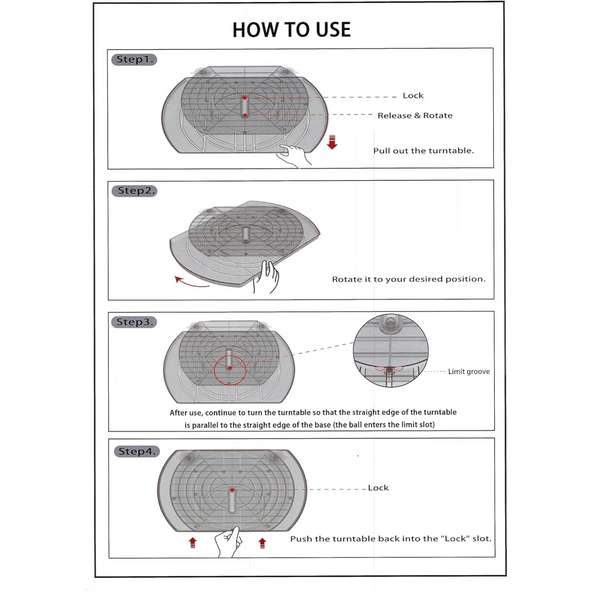 Step-by-step guide for using Rectangular Rotating Lazy Susan, detailing locking and rotation for kitchen and pantry organization.