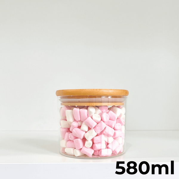 580ml round glass jar with bamboo lid, ideal pantry storage organiser for snacks.