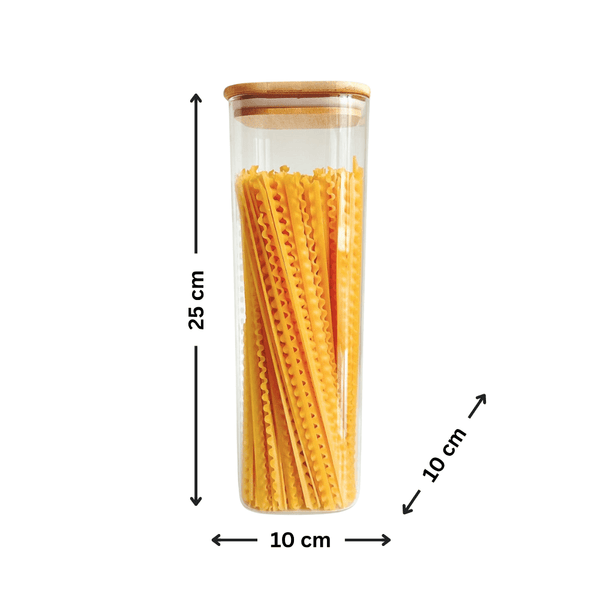Square Bamboo Pantry Jars – 12-Pack Glass Storage Set shown storing pasta for efficient kitchen and pantry organisation.