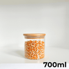 Round Bamboo Pantry Glass Jar Set – 5 Stackable Sizes showing 700ml jar filled with corn kernels for efficient kitchen storage.
