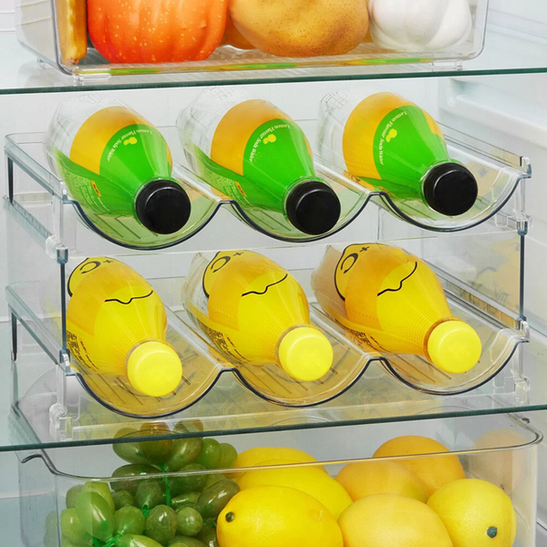 Clear stackable bottle organiser in fridge, ideal for kitchen storage, home organisation, and space-saving solutions in Australia.