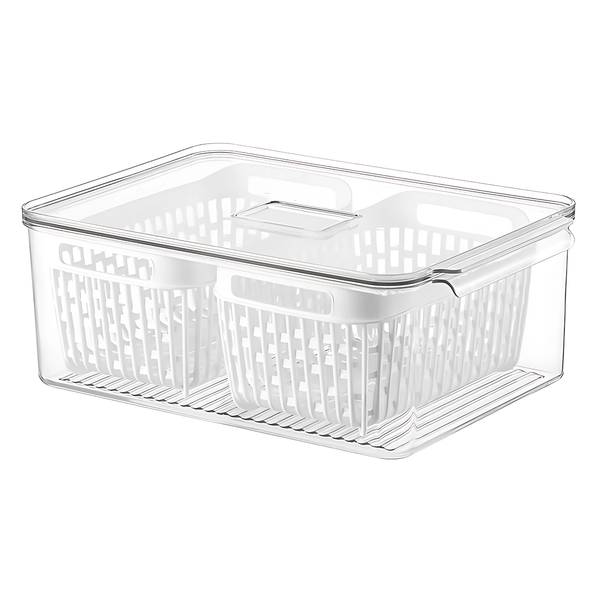 Clear fridge storage container with double basket for kitchen organisation, perfect for space-saving in pantry or bathroom.