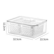 Fridge Storage Container with Double Basket for kitchen organisation. Ideal for pantry and fridge storage with dimensions shown.
