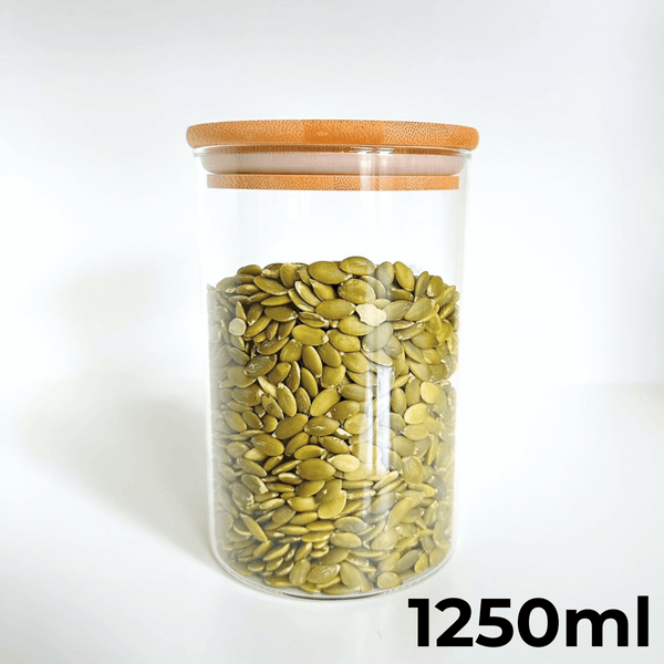 Round 1250ml pantry glass jar with bamboo lid, perfect storage organiser for kitchen.