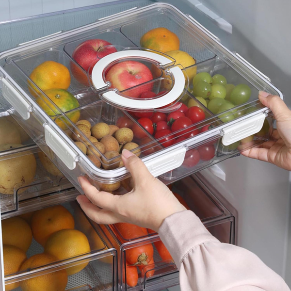 Clear acrylic fridge organiser with handle for kitchen storage, holding fruits; ideal for stylish home organisation and decluttering.