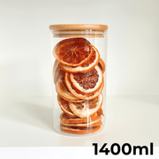 Round Bamboo Pantry Glass Jar showing 1400ml capacity, ideal for kitchen organisation with stackable storage for dried foods.