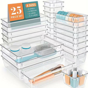 25-piece clear drawer organiser set with small, medium, large and extra-large trays holding makeup and beauty items
