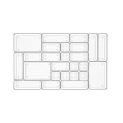 Top view of 25 clear drawer organiser trays arranged together in one drawer layout