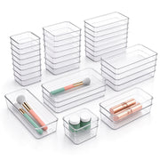 25-piece clear drawer organiser set in 4 sizes on white background