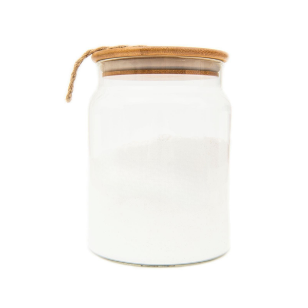 Bamboo and glass storage jar for home organisation, ideal for kitchen, pantry, or laundry; stylish and practical solution for clutter-free spaces.