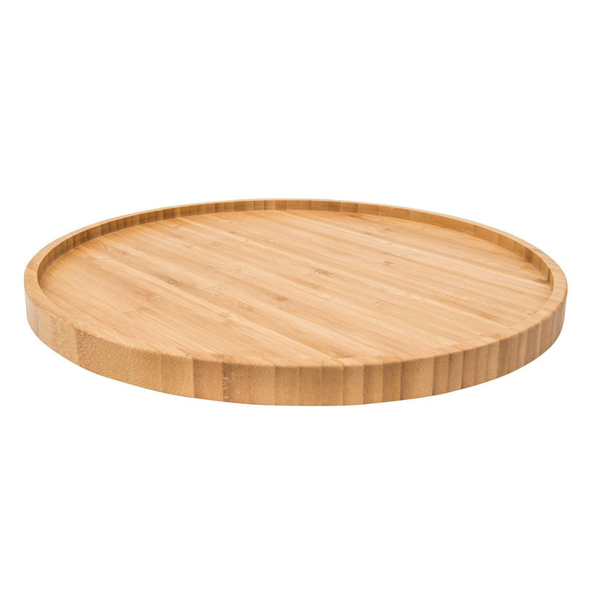 Round bamboo lazy Susan for kitchen storage, ideal for pantry organisation and stylish home décor.