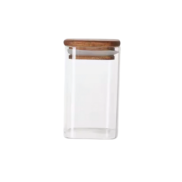 Square acacia spice jar with bamboo lid for kitchen and pantry storage, ideal for home organisation and space-saving solutions.